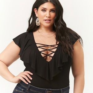 FOREVER 21 PLUS, BLACK Caged Flounce Bodysuit